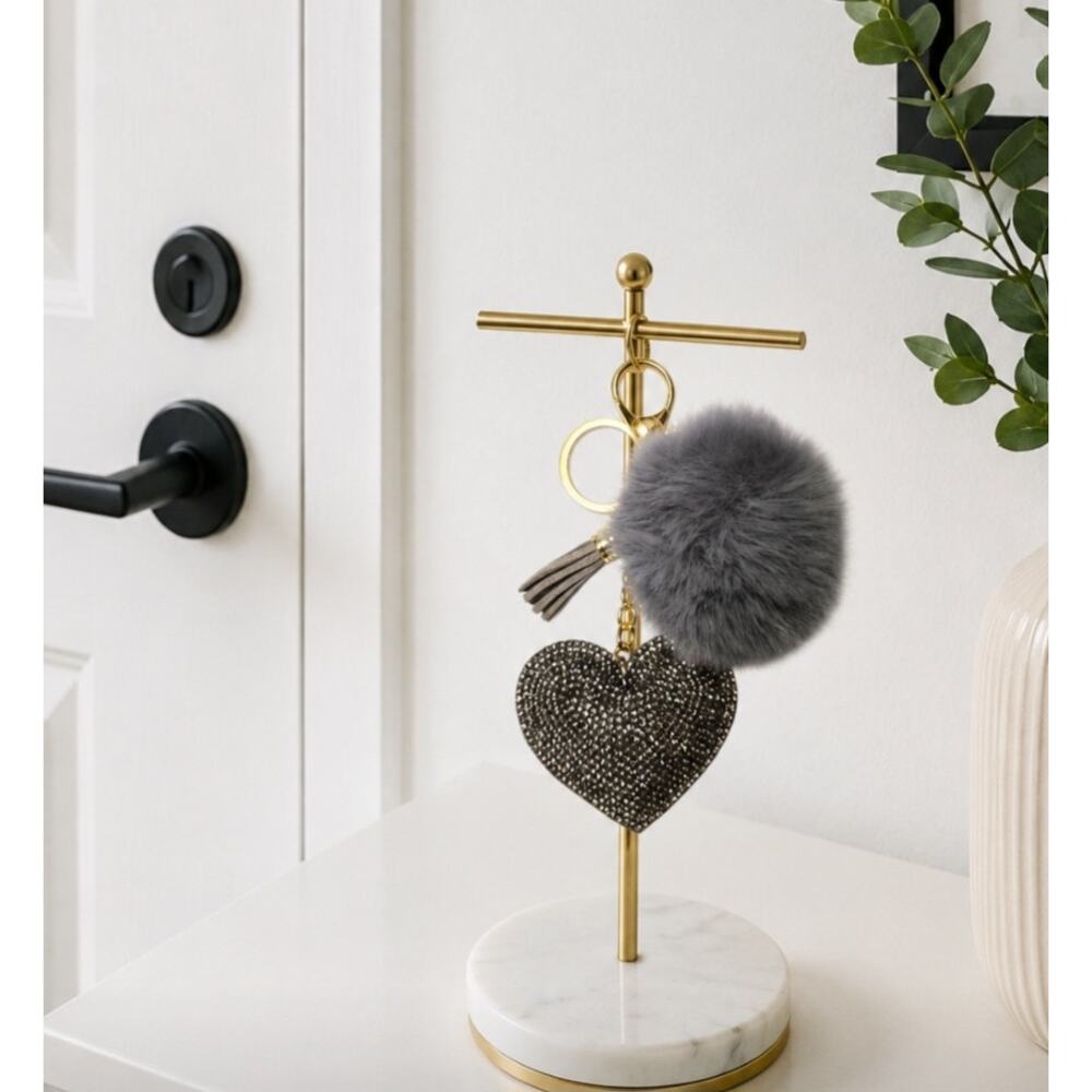 Gray Furry Pom Pom Rhinestone Heart Bag Charm New